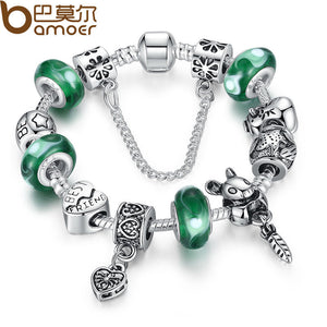 BAMOER Silver Green Bead Animal Charm Bracelet  PA1433