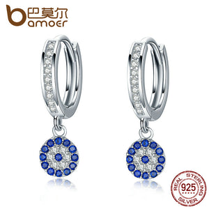 BAMOER Genuine 925 Sterling Silver Round Blue Clear Cubic Zircon Crystal Drop Earrings SCE058