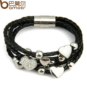Fashion Leather Wrap Woven Heart Crystal Bracelet PI0694