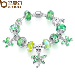 BAMOER  Silver Butterfly Charm Bracelet With Green Glass Bead PA1191